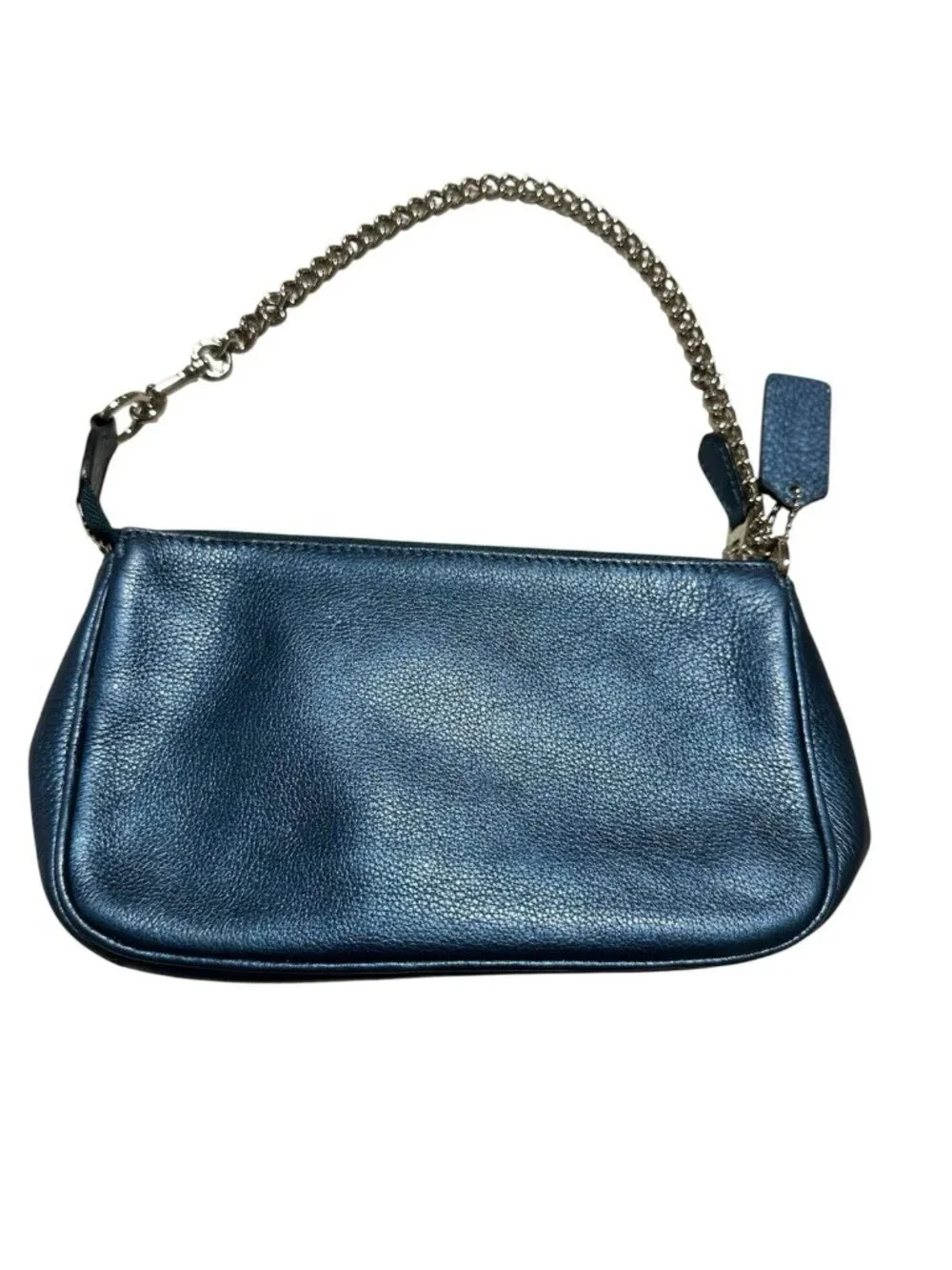 Coach Nolita mini handbag pebbled leather metallic blue chain strap wristlet